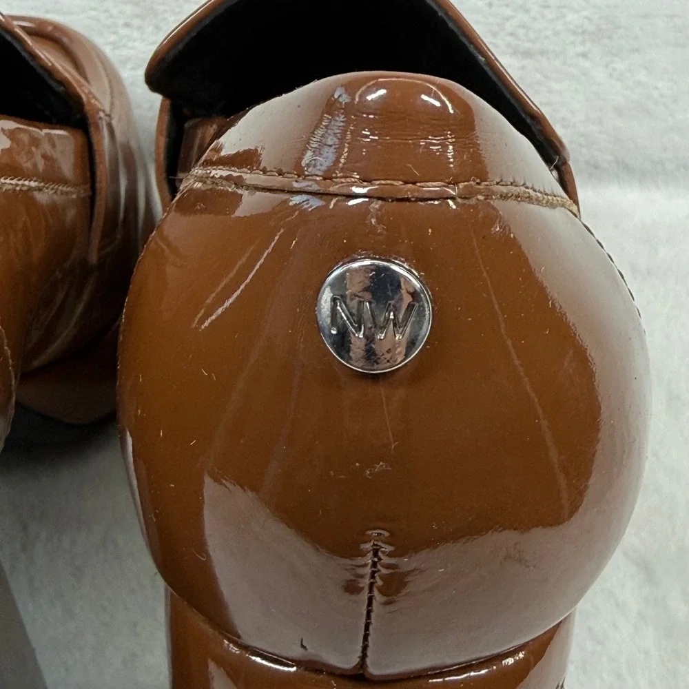 Nine West Brown Patent‎ Leather Chunky Platform Penny Loafer Heels Square Toe 6